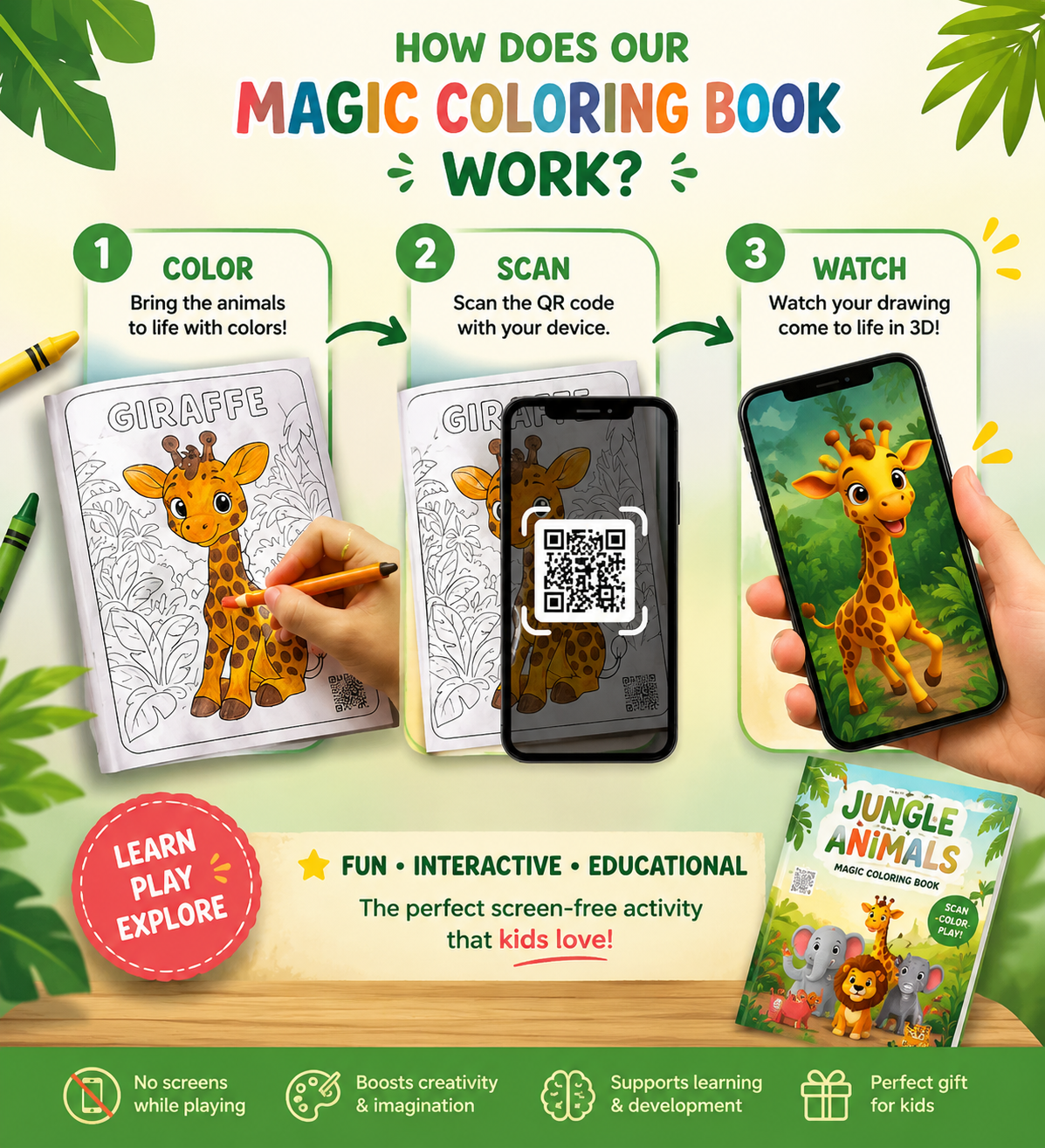 Magic Coloring Book jungle animals – Scan & See Your Drawings Come to Life